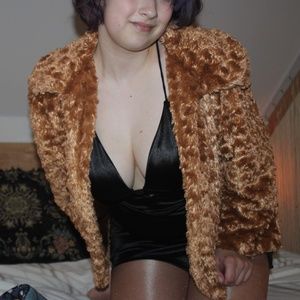 Cejon Teddy Coat Silky Faux Fur Teddy Jacket Y2K Vtg Large Bronze Orange Swirl